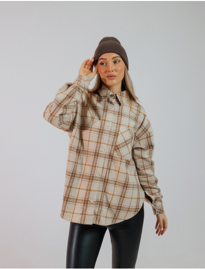 Картинка Сорочка в клітинку бежева з помаранчевим