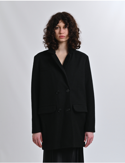 Картинка Чорне пальто прямого крою з двобортною застібкою