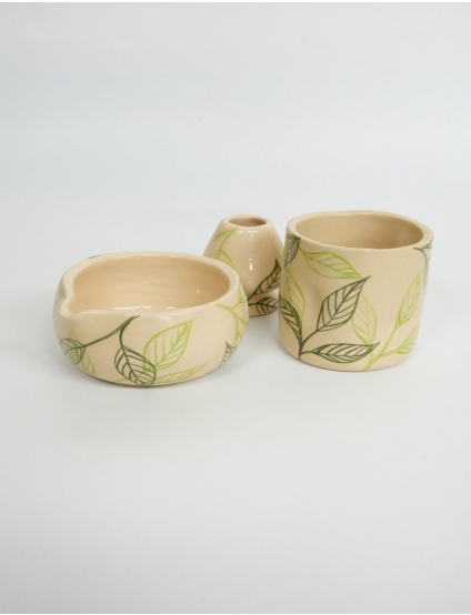 Картинка Керамічний набір ручної роботи для матча «Матча листочки»