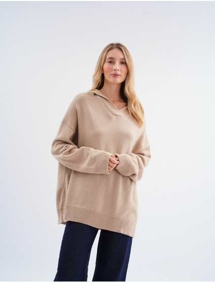 Картинка В’язаний джемпер oversize з коміром бежевий