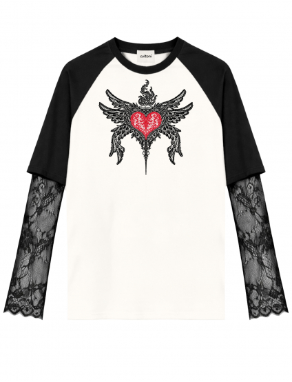 Картинка Лонгслів із мереживними рукавами та графічним принтом