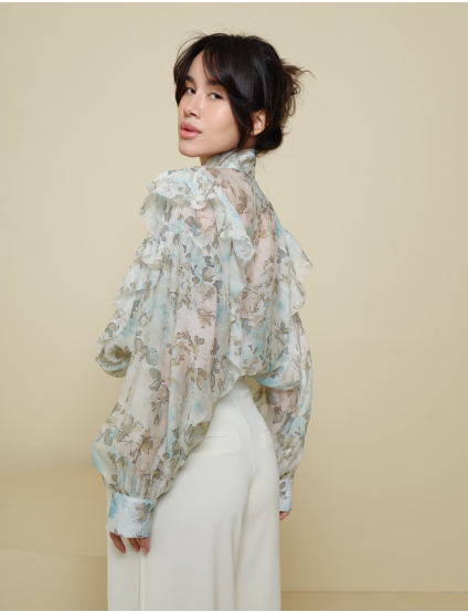 Картинка Блуза з бантом в зелену квітку