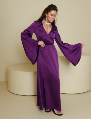 Картинка Фіолетова максі-сукня з глибоким V-вирізом і об’ємними рукавами