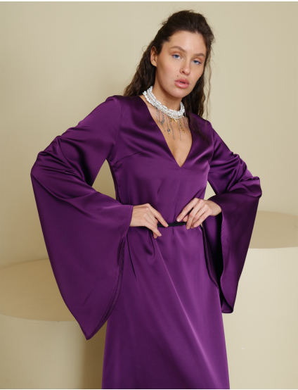 Картинка Фіолетова максі-сукня з глибоким V-вирізом і об’ємними рукавами