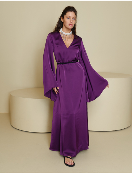 Картинка Фіолетова максі-сукня з глибоким V-вирізом і об’ємними рукавами