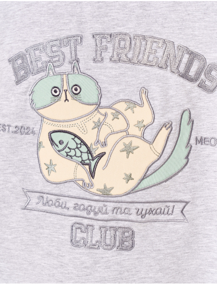 Картинка Футболка з аплікацією "Best Friend's Club" кіт, сірий меланж (unisex)