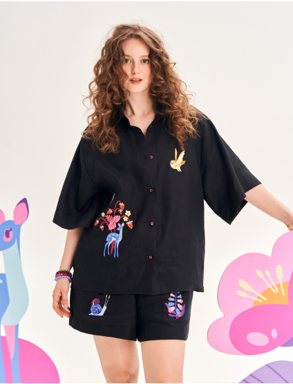 Картинка Шорти лляні з вишивкою «Лісова казка» чорні