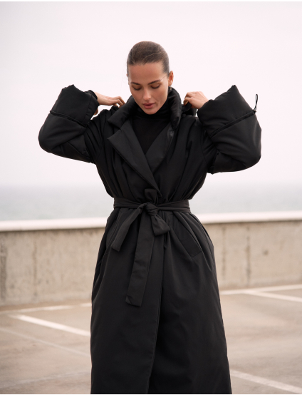 Картинка Пуховик-пальто oversize з поясом чорний